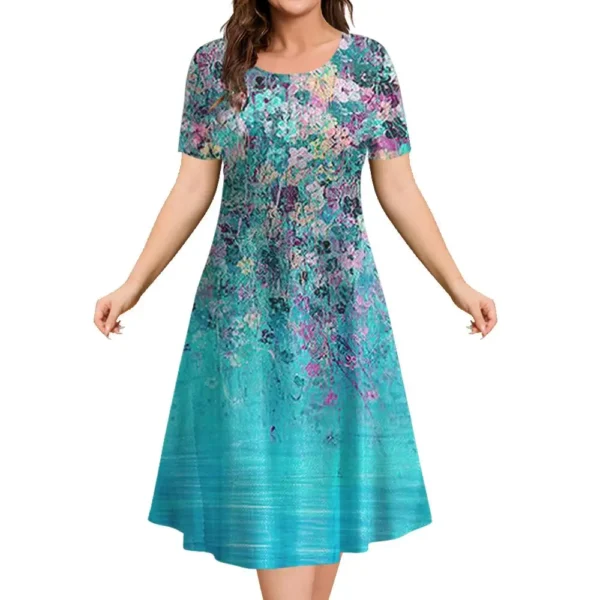 2023 New Women S Dresses 3d Flowers Pattern Short Sleeve Tops Casual Fashion A Line Skirt 2